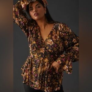 By Anthropologie Deep-V Tunic - Black, Pink Floral - Size Extra Small XS